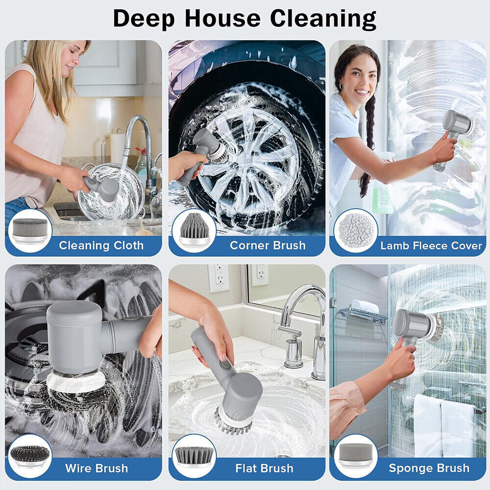 Electric Spin Scrubber Cordless — 8-in-1 Rechargeable Cleaning Brush Set for Bathroom Tiles & Kitchen