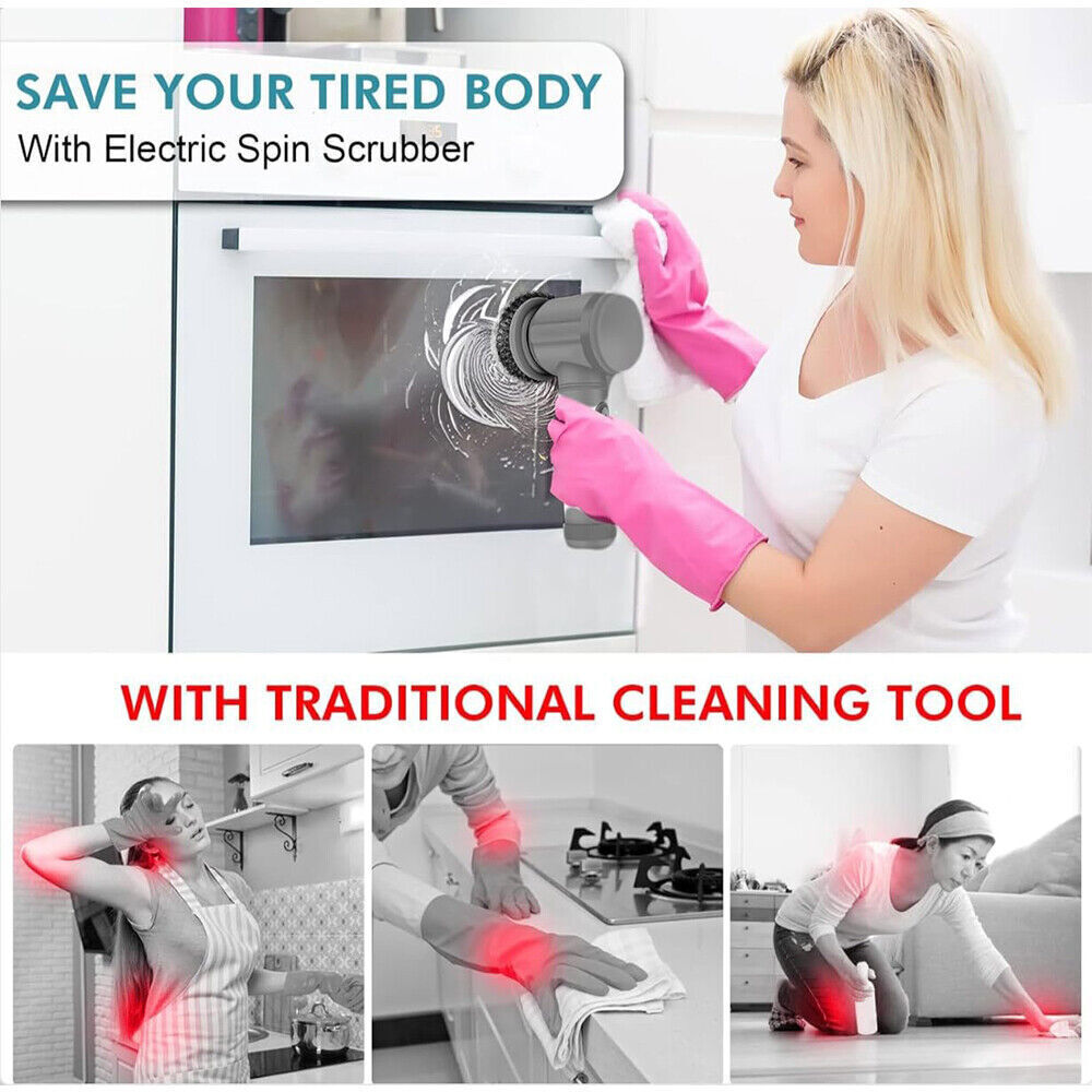 Electric Spin Scrubber Cordless — 8-in-1 Rechargeable Cleaning Brush Set for Bathroom Tiles & Kitchen