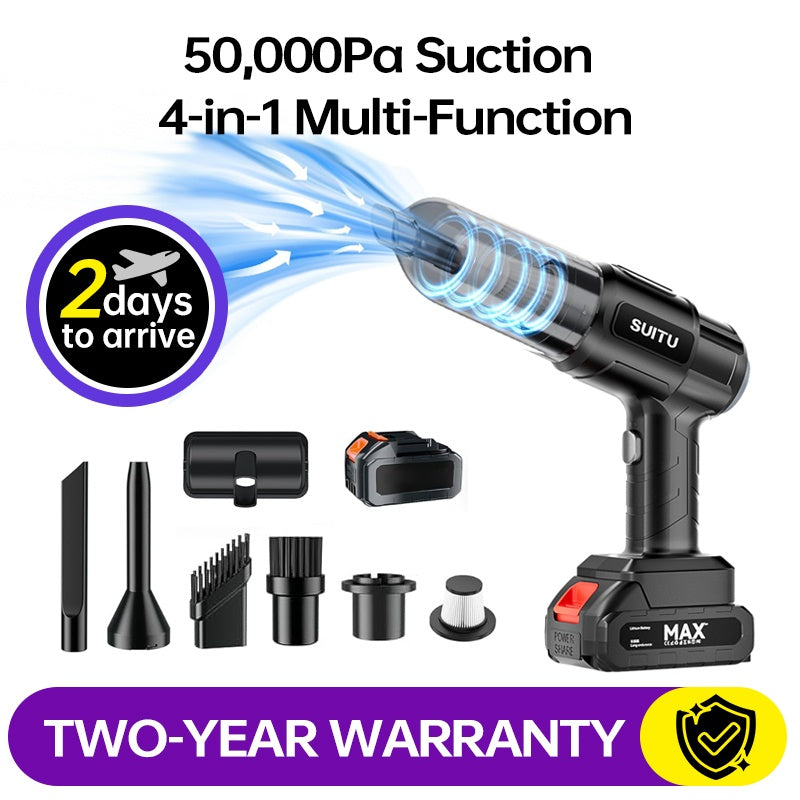 SUITU cordless vacuum cleaner with attachments and warranty information on a white background