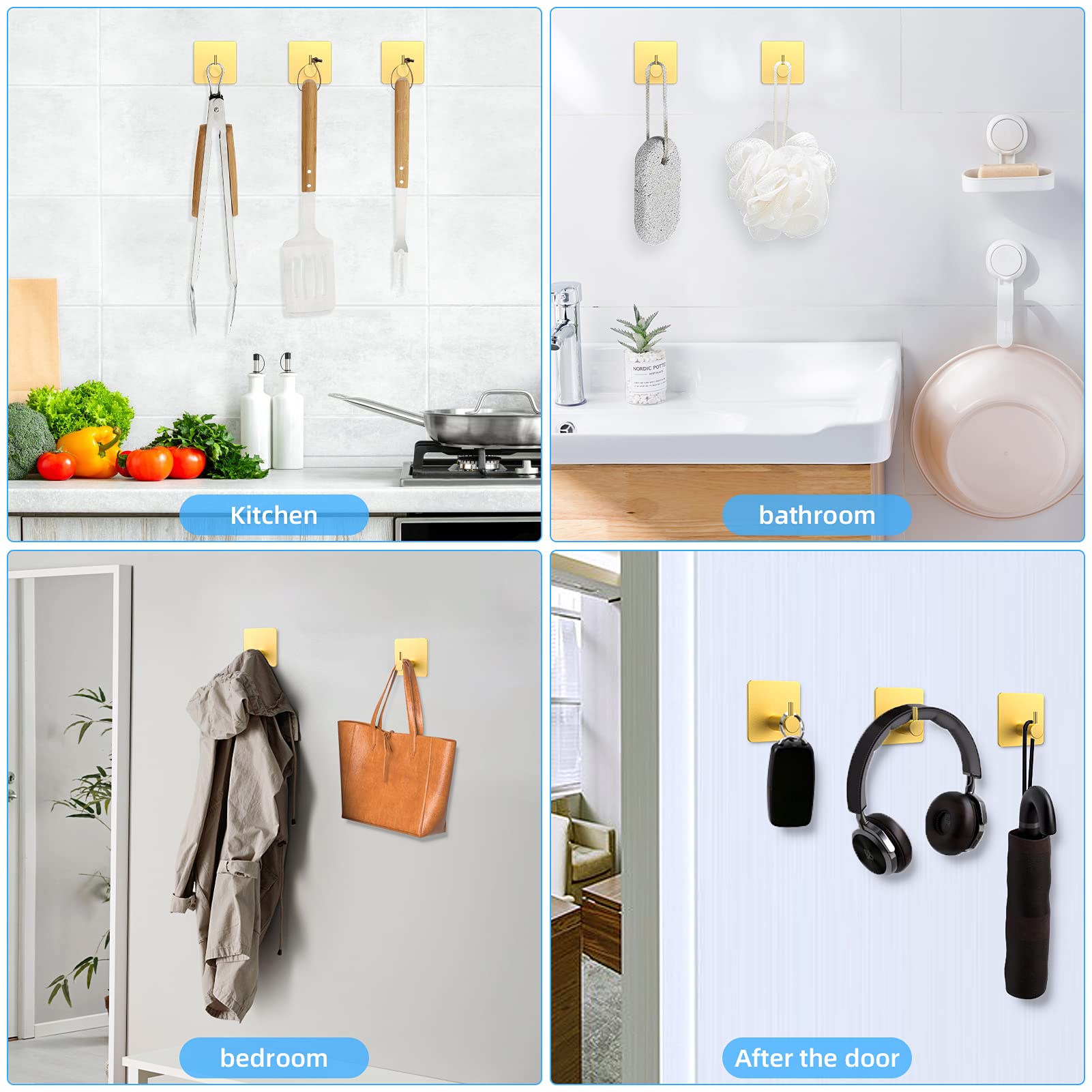 Self‑Adhesive Towel Hooks – No‑Drill Stainless Steel Wall Hooks (4‑Pack, Gold)