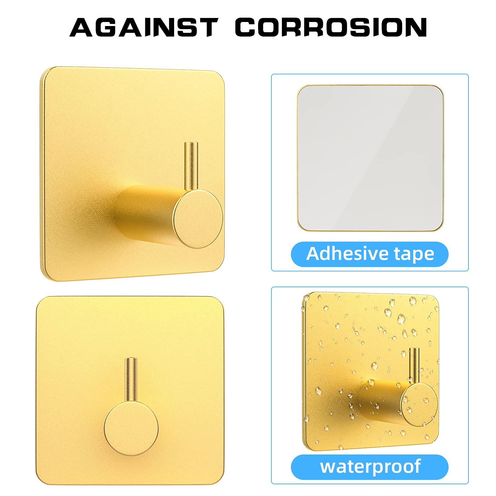 Self‑Adhesive Towel Hooks – No‑Drill Stainless Steel Wall Hooks (4‑Pack, Gold)